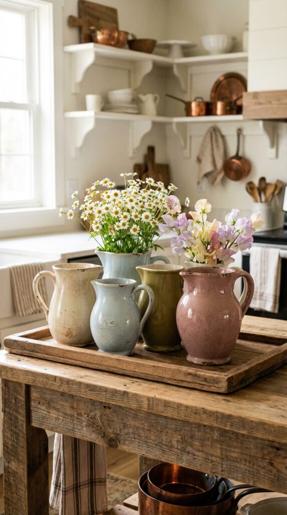 Use vintage-inspired ceramic pitchers as vases