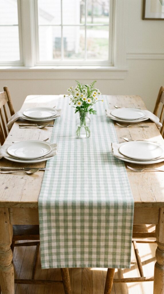 Add a cozy gingham-patterned table runne