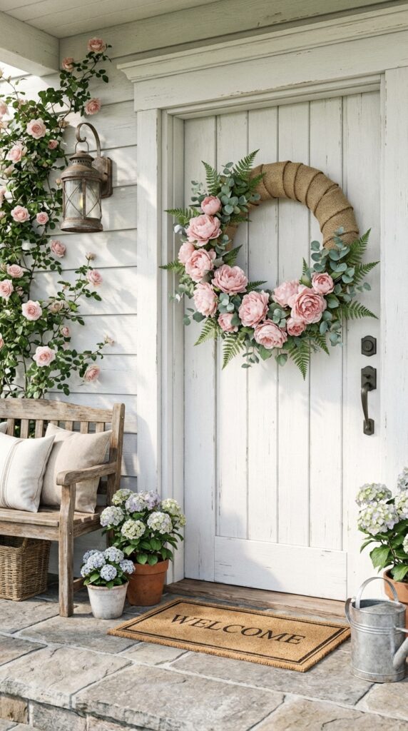 Add a burlap-wrapped floral wreath to the front door