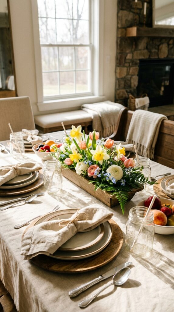 Set the dining table with linen napkins and mason jar glasses