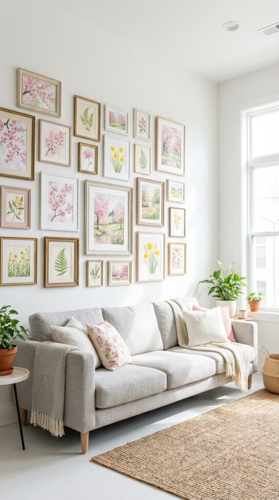 Display spring-themed artwork with floral motifs