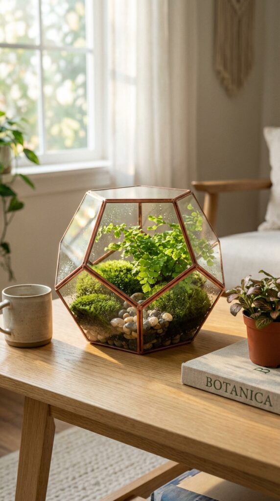 Use glass terrariums with fresh moss and small plants