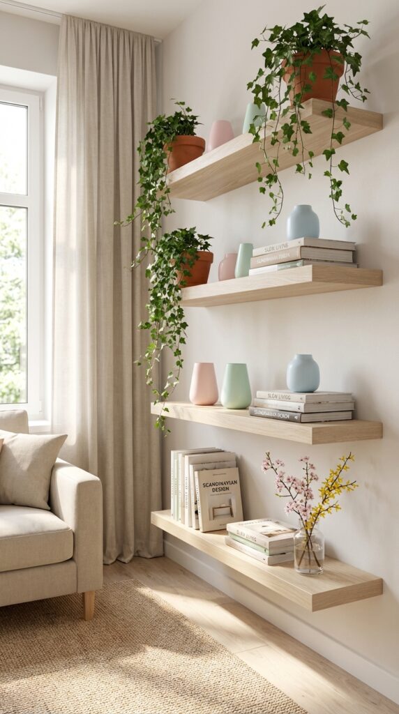 Use white or light wood shelves for display