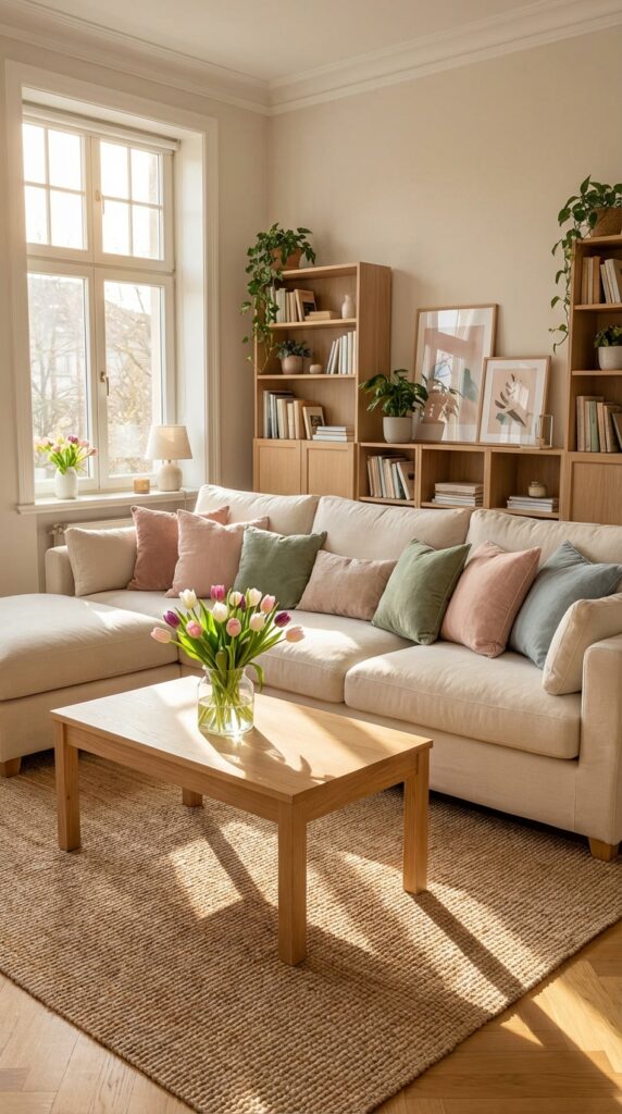 Add pastel-colored throw pillows to your sofa