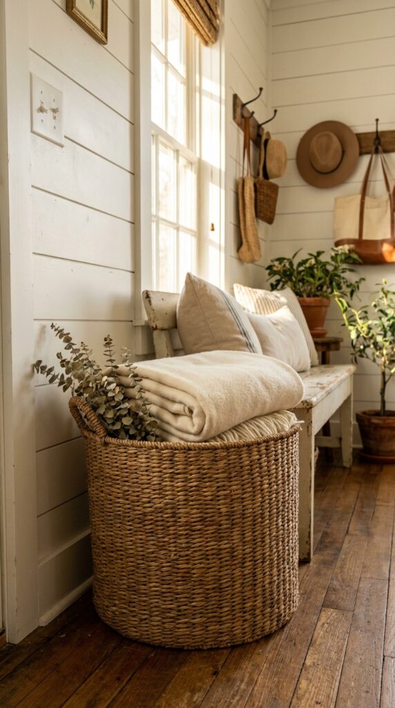 Use woven baskets for storage and decoration