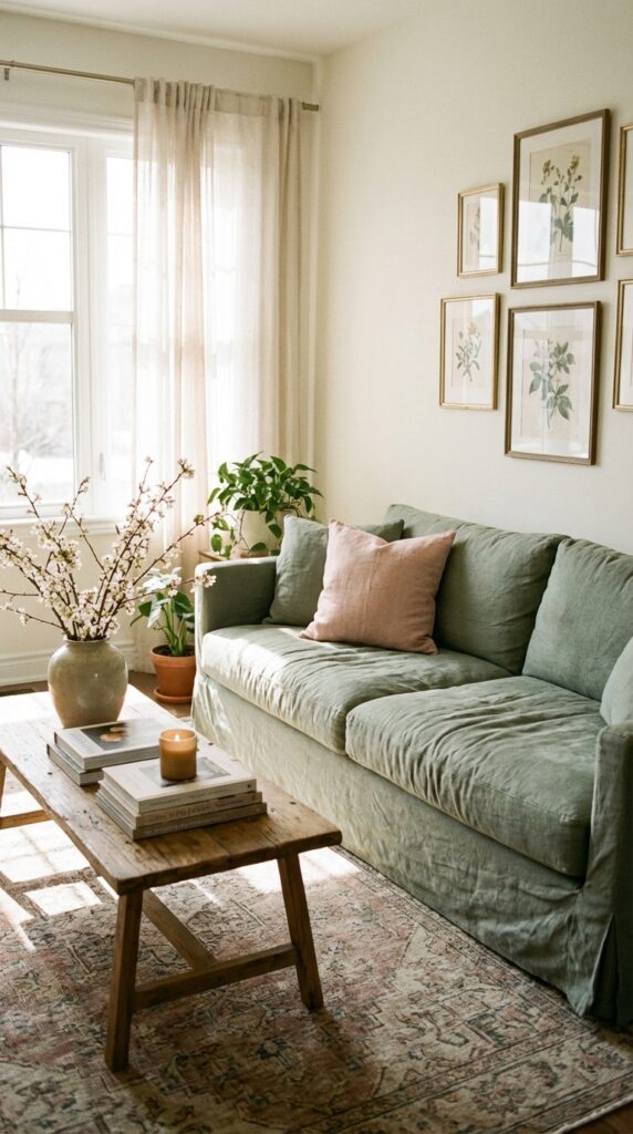 Choose slipcovers in muted greens or blush pinks