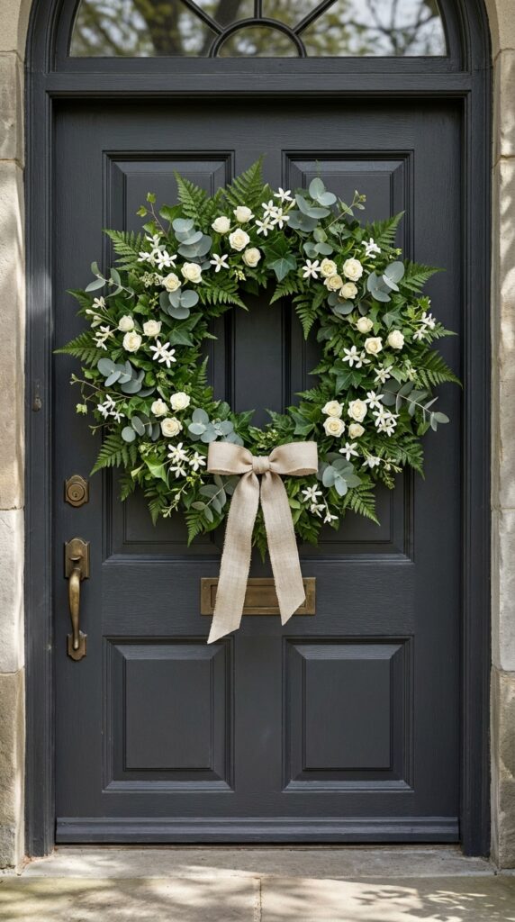 Mixed Greenery and White Blossom Wreath
