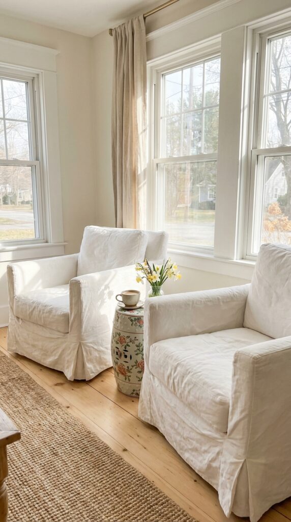 Use lightweight cotton or linen slipcovers on chairs
