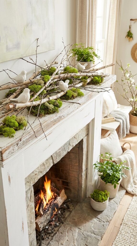 Decorate the mantel with seasonal twigs and moss