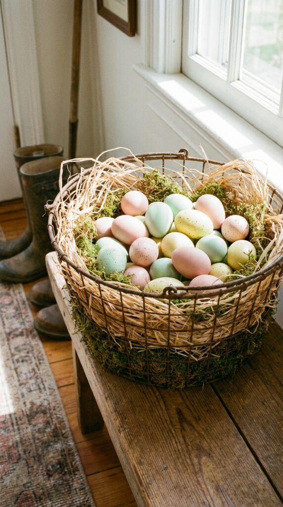 Bring in a basket filled with pastel-colored eggs