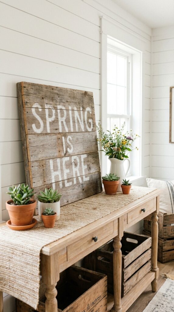 Use reclaimed wood signs with farmhouse quotes