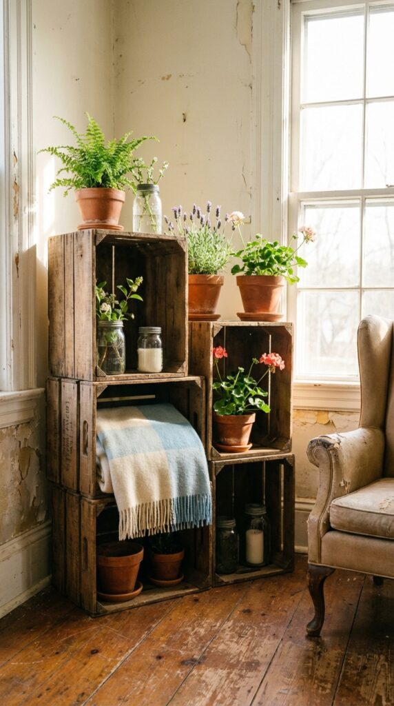 Stack old wooden crates as a rustic display unit