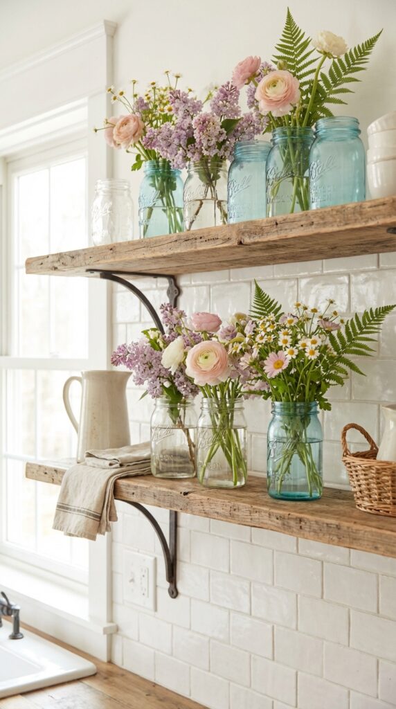 Display jars filled with wildflowers on open shelves