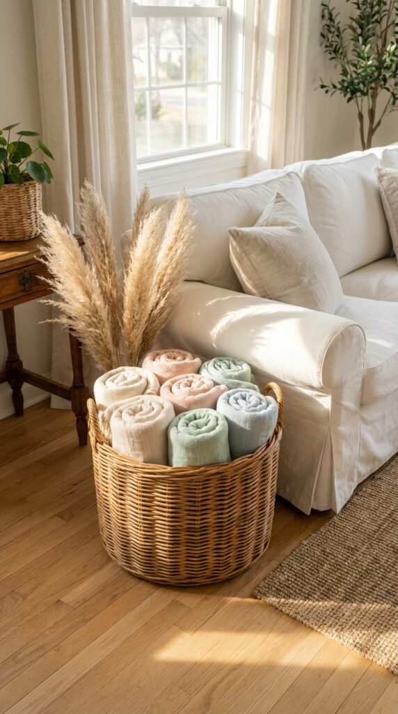 Add wicker baskets for natural texture and storage