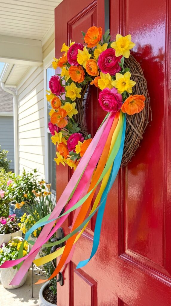 Bright Ribbon and Silk Flower Wreath